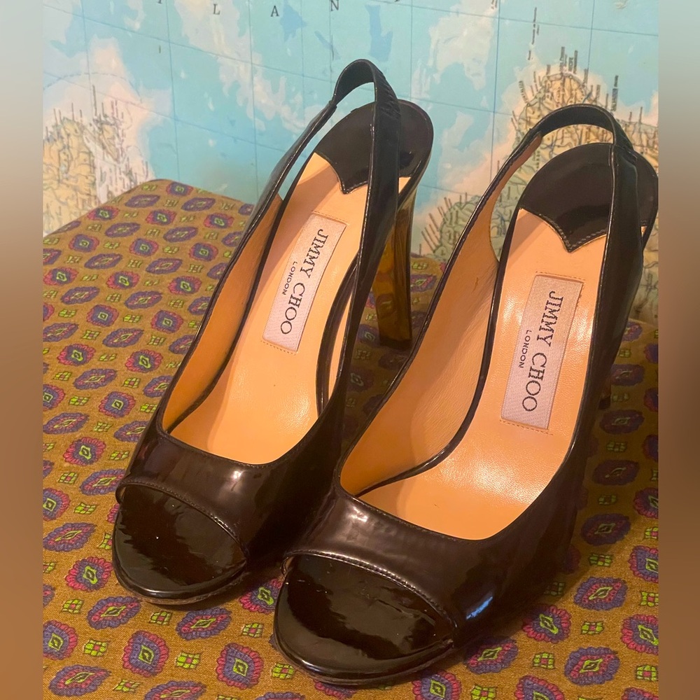 Jimmy Choo Black Patent Leather Slingback Peep-Toe Heels